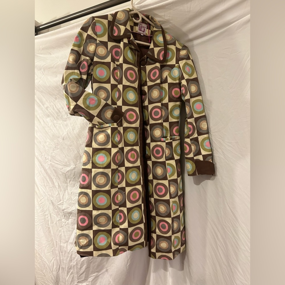Retro Geometric Long Coat - Brown with Pink & Mint Accents